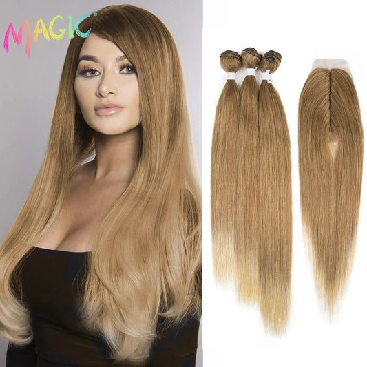 Straight Hair 4PCS Bundles With Closure Ombre Blonde Color Hair